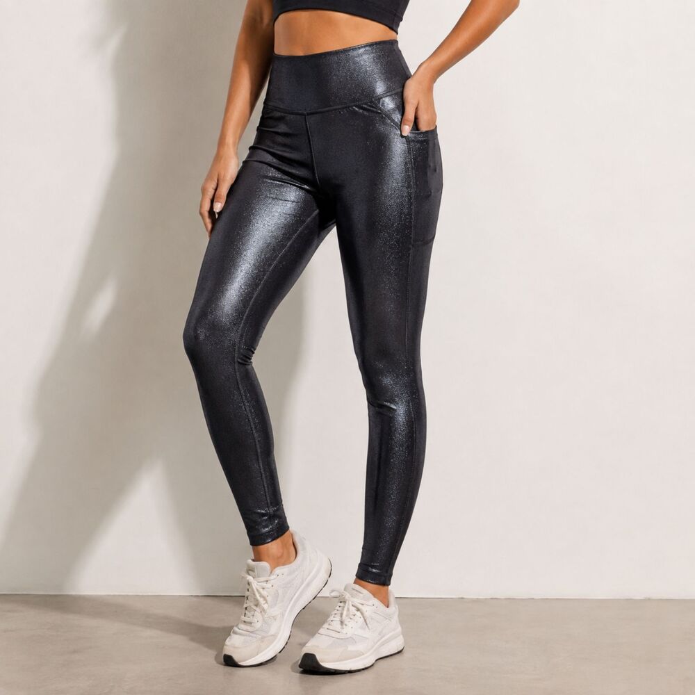Halara Metallic Shimmer Leggings Womens L Black High Rise Full Length Pockets